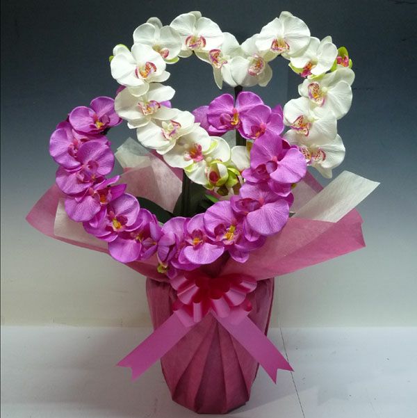 造花 光触媒 胡蝶蘭 大輪 ダブルハート 白紫&赤